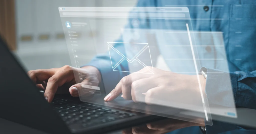 A pilot interview thank you note being composed on a laptop with a transparent email interface overlay.