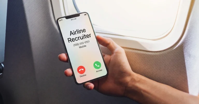 An incoming 'Airline Recruiter' call on a smartphone held in an airplane cabin, the start of a pilot phone interview.